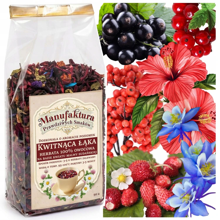 HERBATA OWOCOWA KWITNĄCA ŁĄKA 50g HIBISKUS CZERWONA PORZECZKA JARZĘBINA
