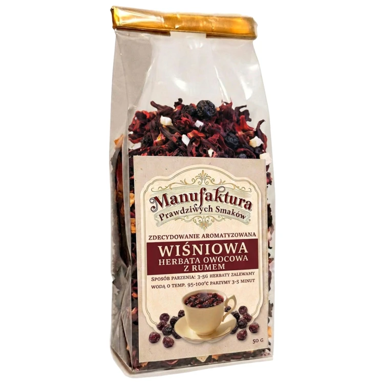 HERBATA owocowa liściasta WIŚNIE W RUMIE NATURALNA 50g HIBISKUS
