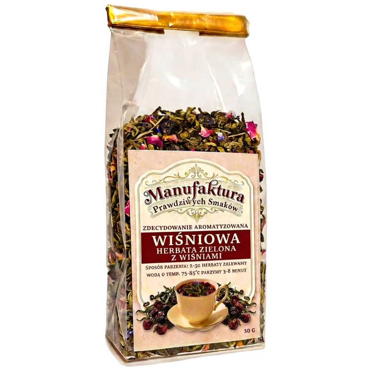 HERBATA ZIELONA LIŚCIASTA WIŚNIOWA 50g Naturalna Aromatyczna CAŁE WIŚNIE